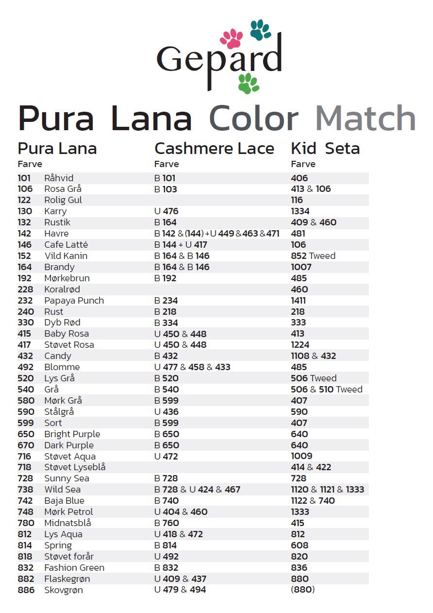 Correspondance de coloris entre la Pura Lana, la Cashmere Lace et la Kid Seta de Gepard Garn