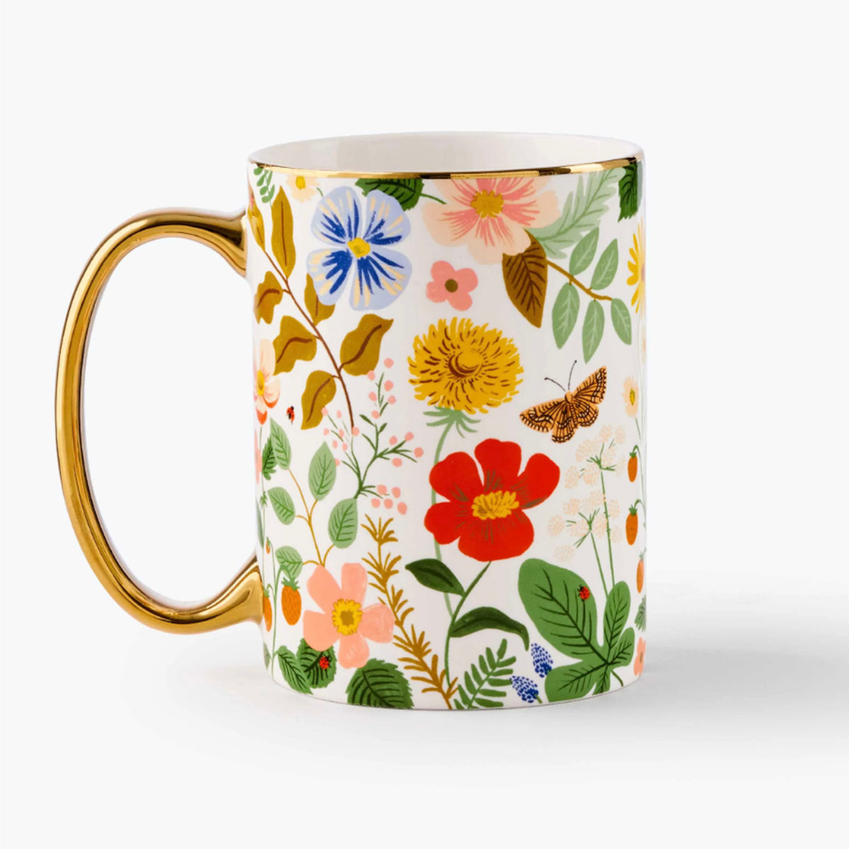 Mug en céramique avec poignée dorée Rifle Paper Co modèle Strawberry Fields