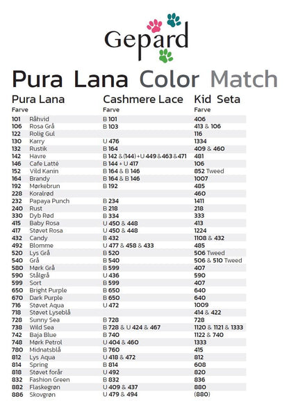 Correspondance de coloris entre la Pura Lana, la Cashmere Lace et la Kid Seta de Gepard Garn