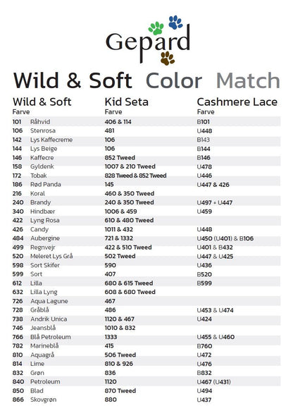 Carte d'accord couleur entre la Wild & Soft, la Kid Seta et la Cashmere Lace de Gepard Garn