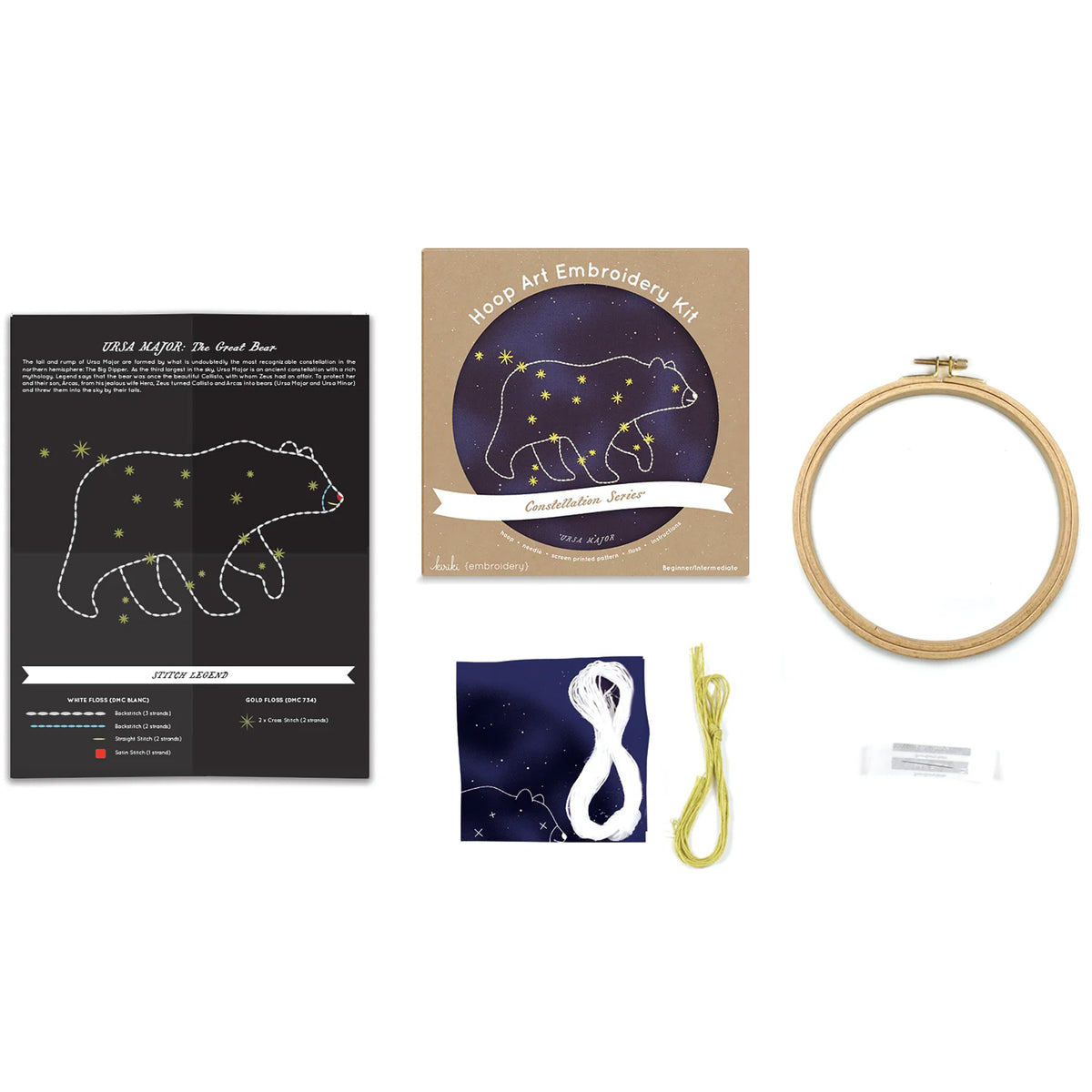 Contenu du kit de broderie Hoop de Kiriki Press modèle Ursa Major (6")