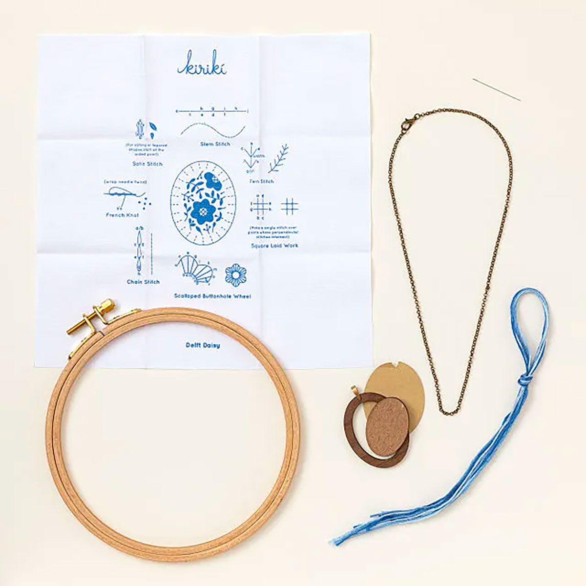 Contenu du kit de broderie Pendant de Kiriki Press modèle Delft Daisy
