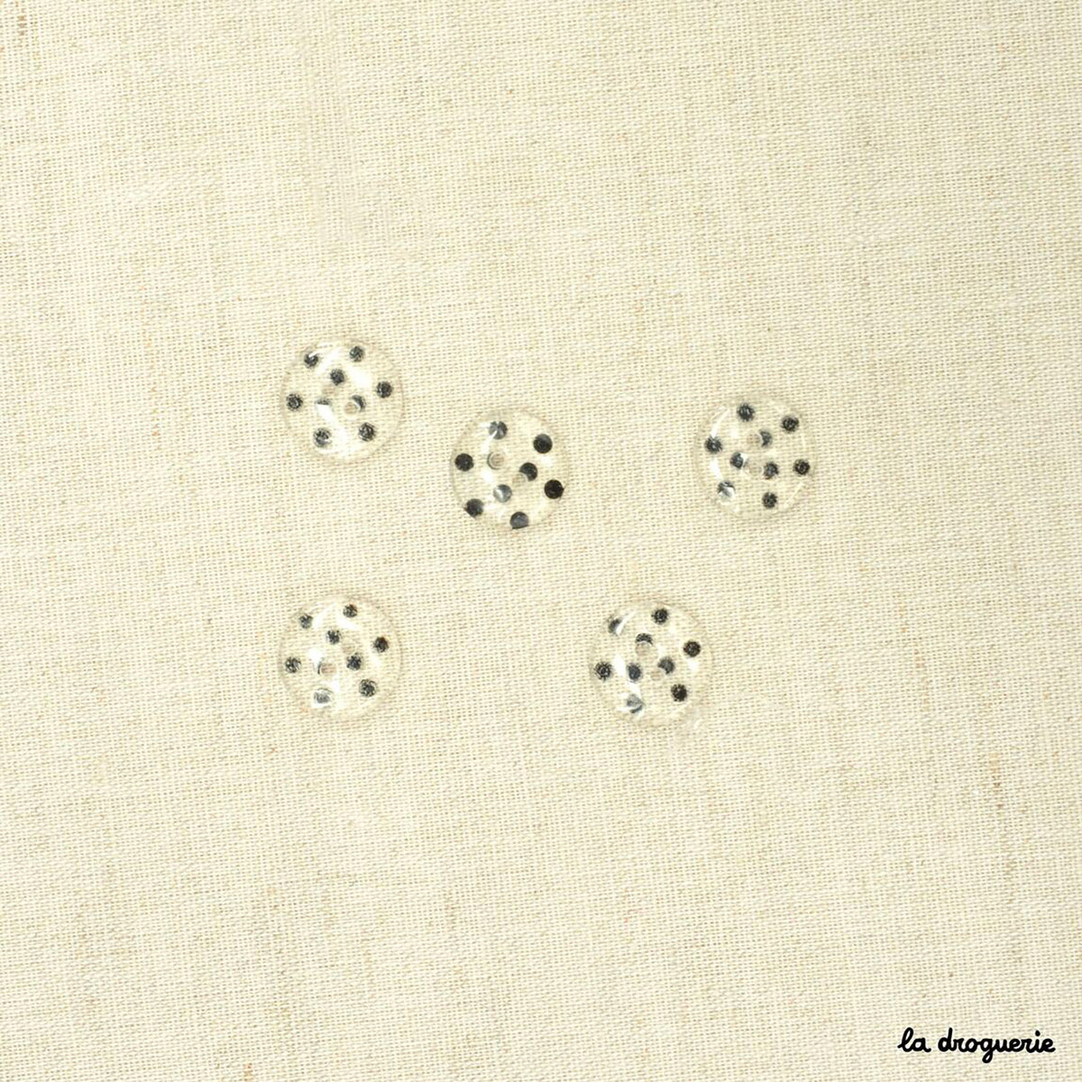 Boutons La Droguerie modèle Cristal Pois (Transparent-Noir ; 14mm)