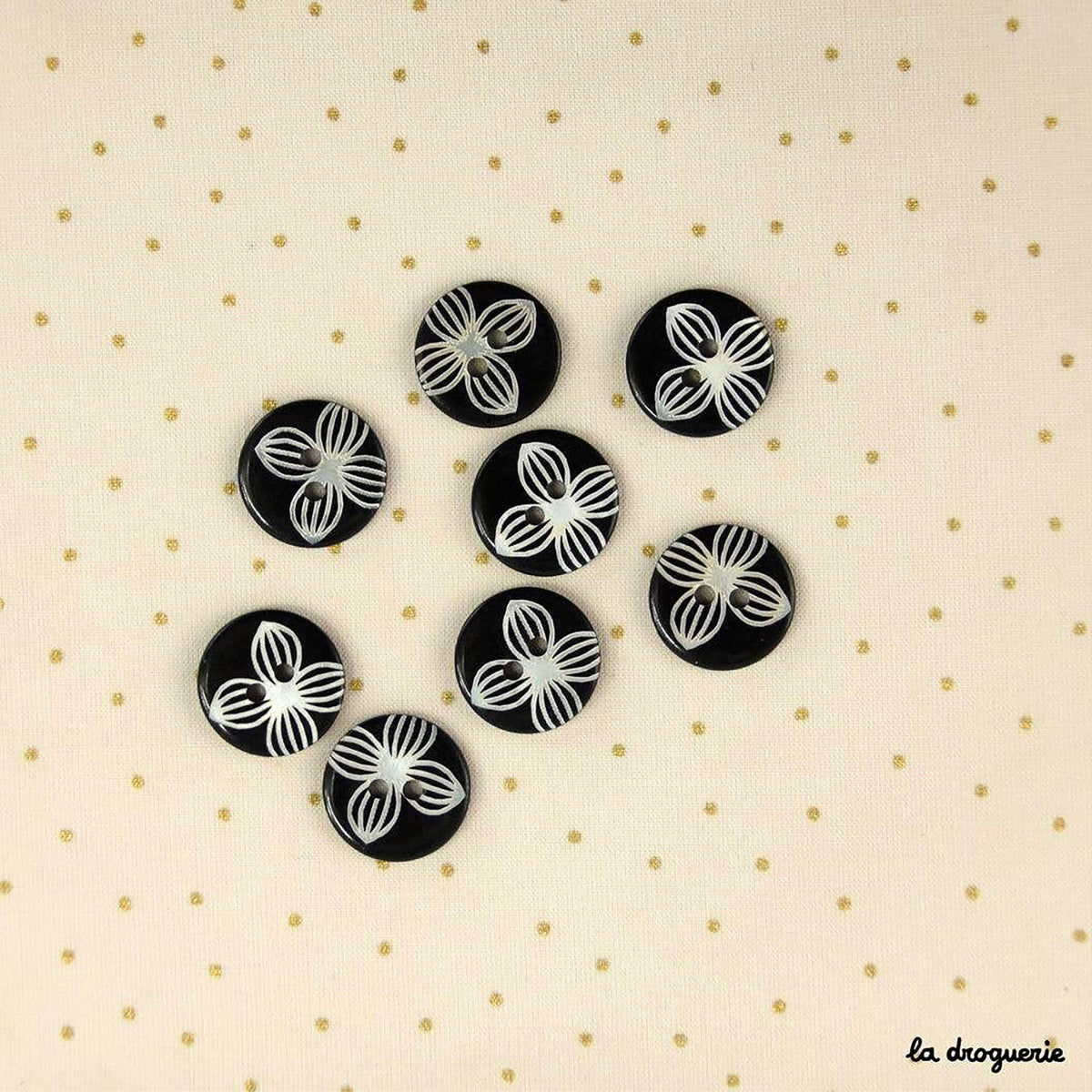 Boutons La Droguerie modèle Pétales (Noir-Nacre ; 15mm)
