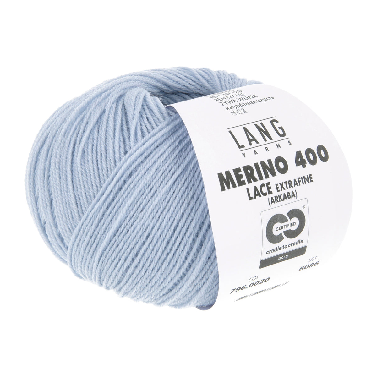 Pelote de Merino 400 Lace de Lang Yarns, coloris 020 Bleu Glacier