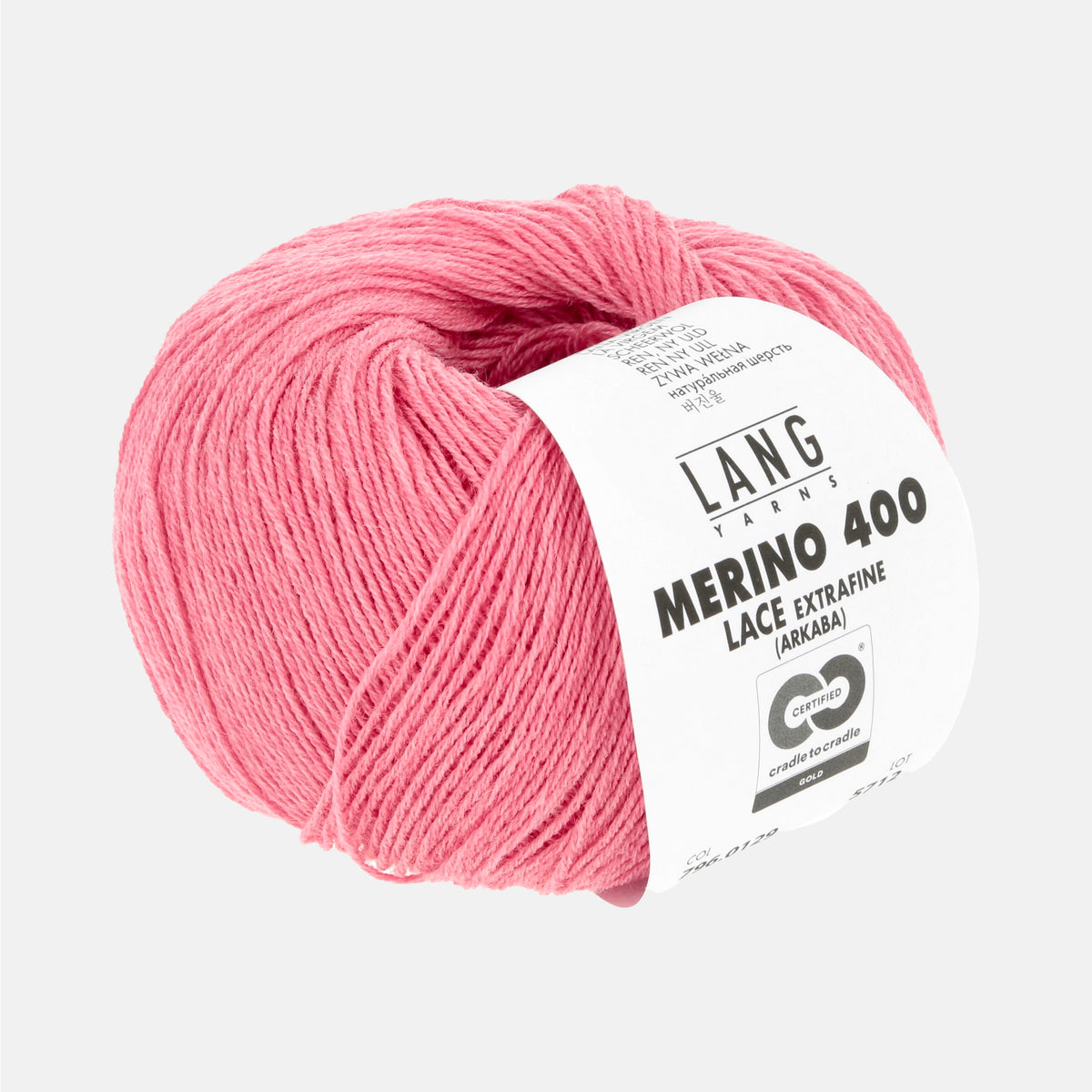 Pelote de Merino 400 Lace de Lang Yarns, coloris 129 Rose Bubblegum
