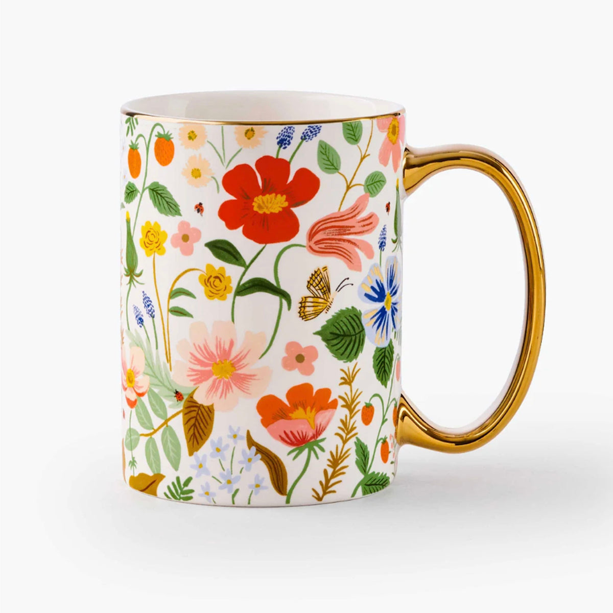 Mug en céramique avec poignée dorée Rifle Paper Co modèle Strawberry Fields